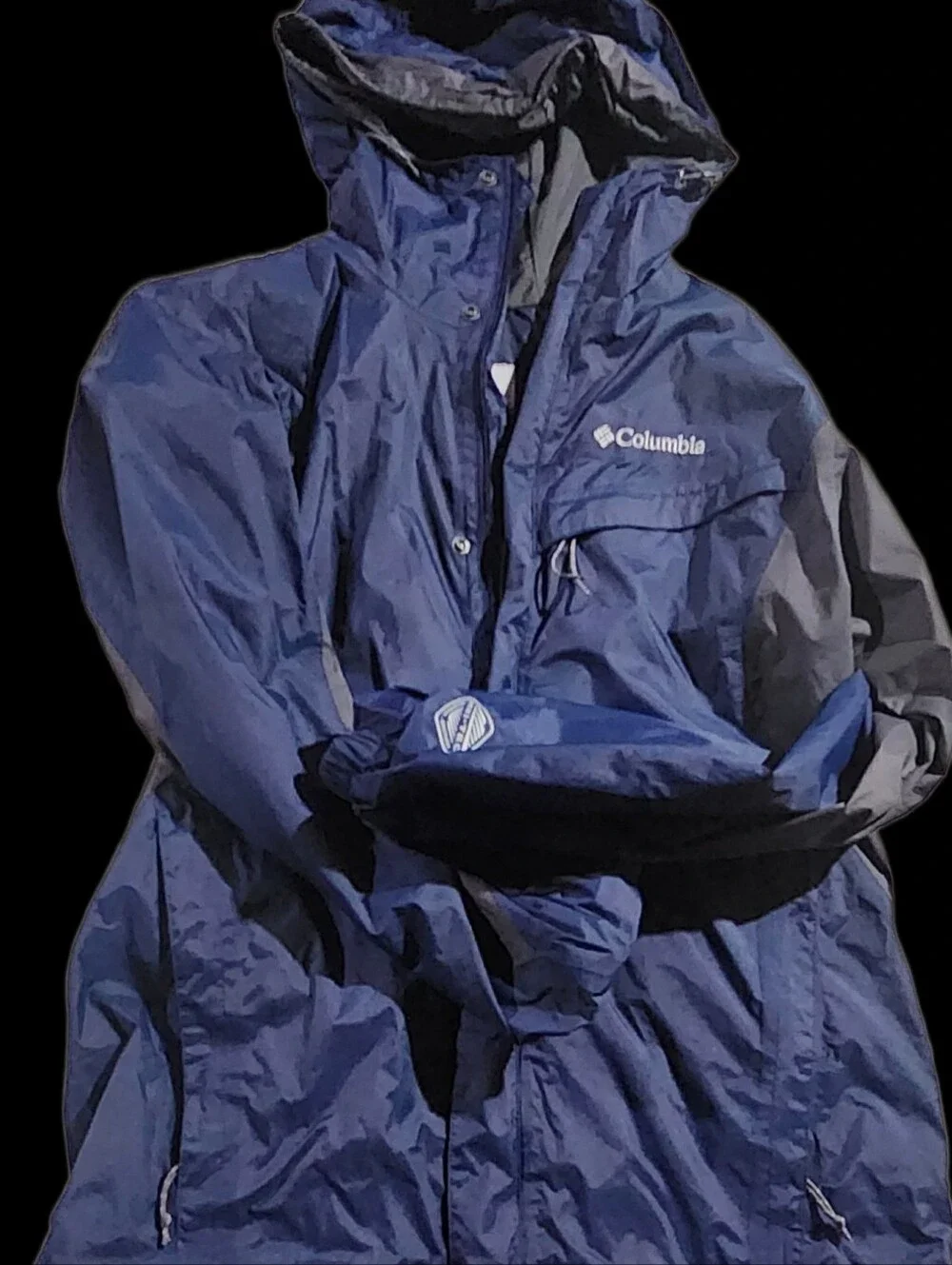 Columbia Navy and Gray Adult Hooded Raincoat Size Small
